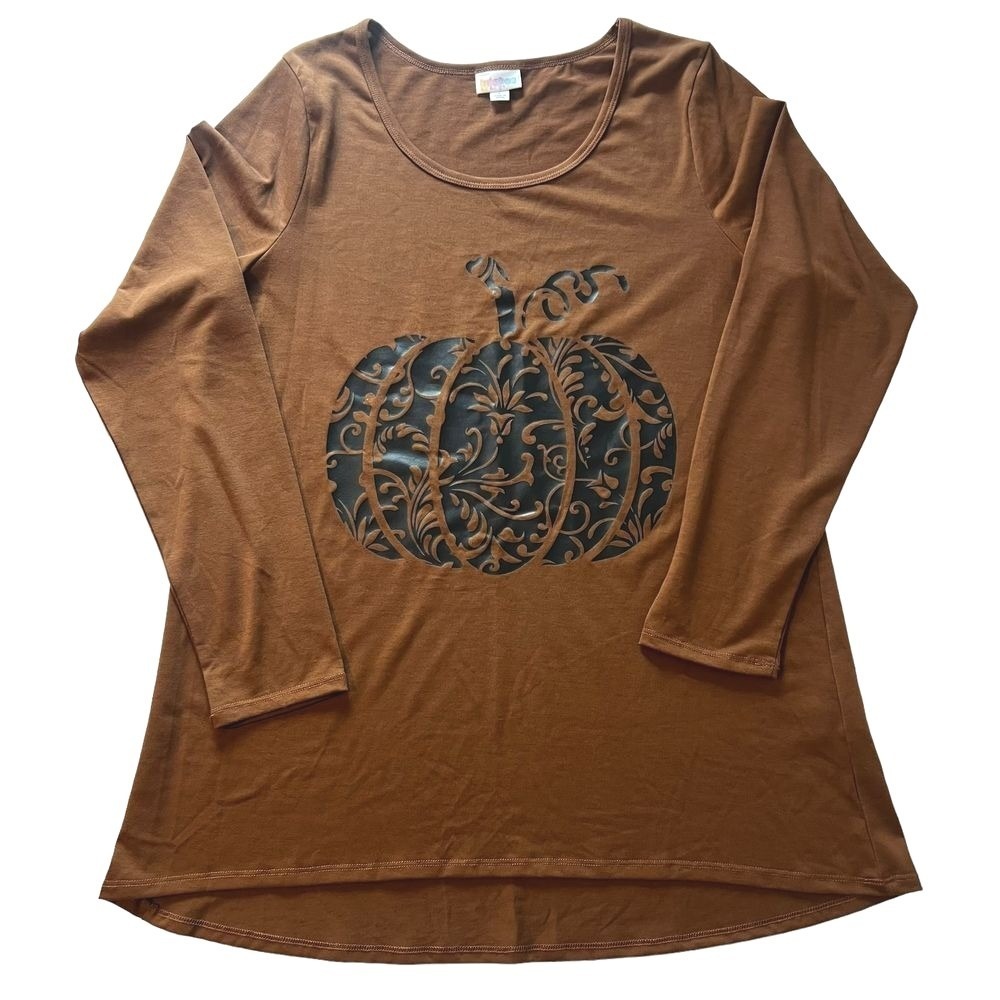LuLaRoe Brown Pumpkin Tunic Top Large Halloween Fall Long Sleeve Thanksgiving